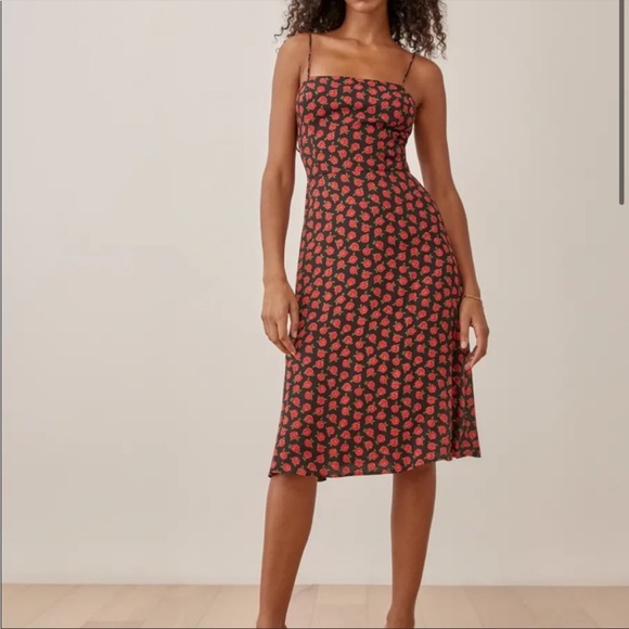 Reformation Dresses & Skirts - Reformation Black Midi Dress with Red Floral Pattern